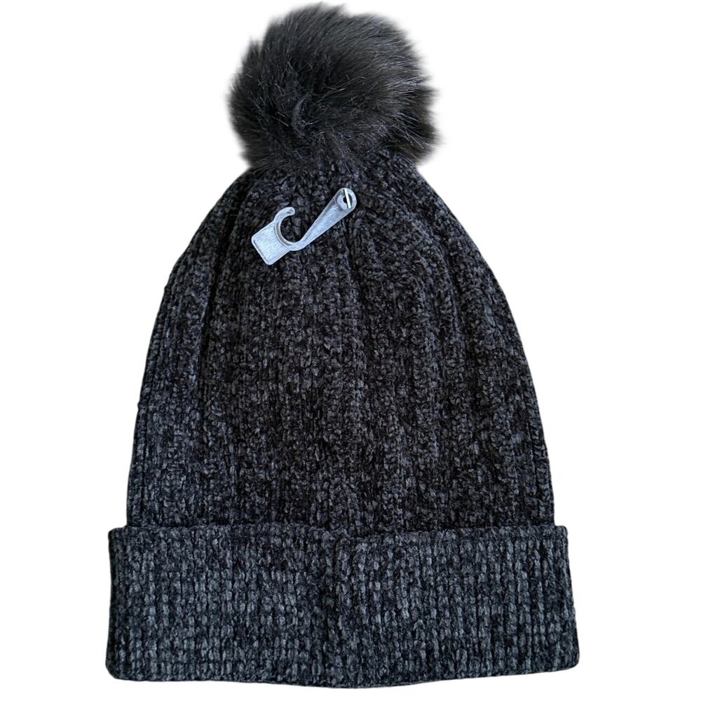Isotoner Recycled Chenille Pom Pom Beanie Hat Charcoal Gray Black OSFM NWT
